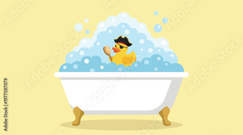 A whimsical illustration of a rubber duck with a pirate hat enjoying a bubbly bath, showcasing a fun and lighthearted mood perfect for children's products or themes.