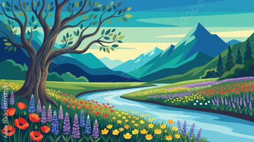 An exquisite landscape illustration featuring a tree, vibrant flowers, and a tranquil river, showcasing the beauty of nature and inviting viewers to enjoy its serenity.