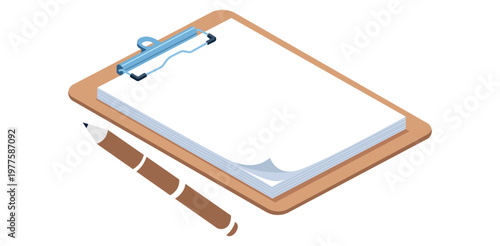 A clipboard with a pen and blank paper on a clean white background