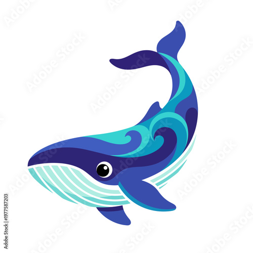 A vibrant, stylized whale swimming gracefully, showcasing beautiful blue and green wave patterns, symbolizing nature's elegance and marine life diversity.