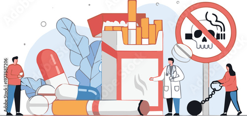 Stop smoking concept with cigarettes addiction awareness and people breaking habit modern flat vector illustration for healthcare campaign