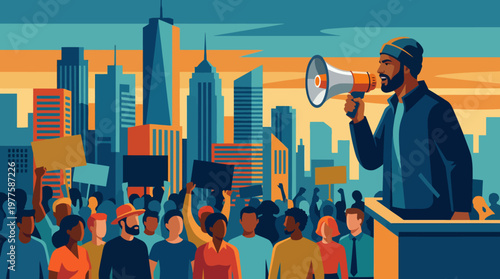 A passionate activist holds a megaphone, addressing a diverse crowd in an urban landscape, representing social change, unity, and the power of grassroots movements.