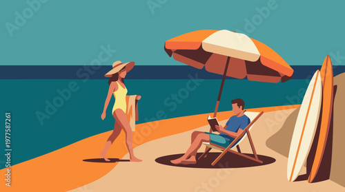 A serene beach scene featuring sunbathers and surfers, highlighting summer enjoyment, relaxation, and the warmth of sun, sand, and sea ready for a perfect holiday.