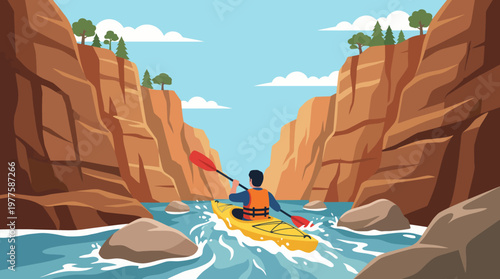 A vibrant illustration of kayaking in a narrow canyon, showcasing the beautiful, rugged landscape, flowing water, and a clear blue sky ideal for adventure seekers.