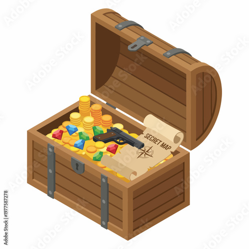 An adventurous illustration of a treasure chest overflowing with golden coins and a rolled-up secret map, evoking themes of exploration and the pursuit of hidden treasures.