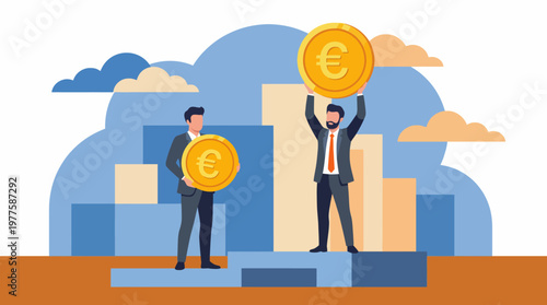 Two businessmen proudly hold large euro coins against a backdrop of abstract buildings, symbolizing financial success and the thriving economy in a vibrant style.