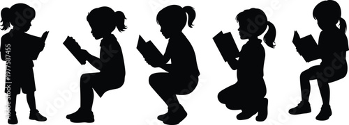 Collection of little girl silhouettes featuring various poses while reading books such as standing, sitting, and squatting, black flat vector illustration isolated on white background.