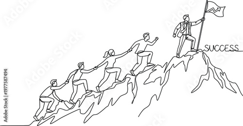 Team climbing mountain helping each other reach success leadership teamwork concept line art vector illustration for business growth