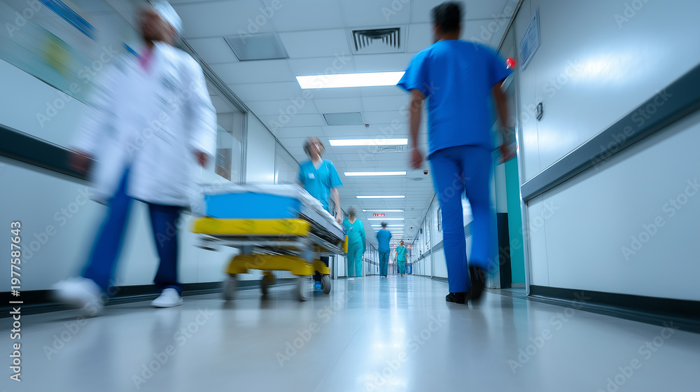Obraz premium Medical staff walking fast in hospital corridor with motion blur symbolizing urgency, healthcare service and emergency response.