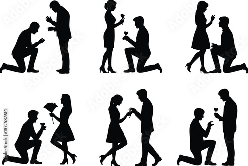 Romantic set of wedding proposal silhouettes featuring men kneeling and proposing to women with rings and flowers, black vector illustrations isolated on a white background.