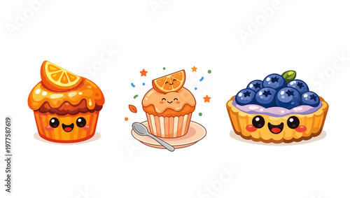 Smiling Fruit Desserts Vector Icon  Cute Cartoon Cupcake & Tart Illustration Isolated on PNG Background, smiling fruit desserts, cute cupcake illustration, cartoon tart icon, kawaii dessert, sweet, 