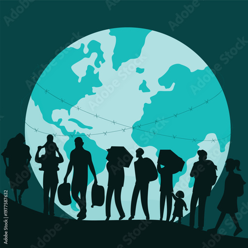 World refugee day. International holiday and festival 20 June. Silhouettes of men and women with bags. Immigrants and relocants. People walking seek home. Cartoon flat vector illustration. Refugee sil