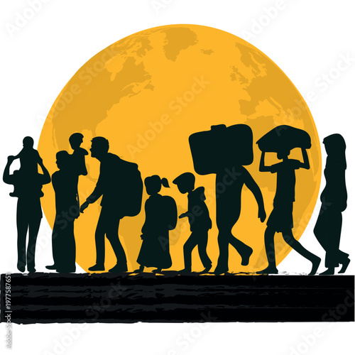 World refugee day. International holiday and festival 20 June. Silhouettes of men and women with bags. Immigrants and relocants. People walking seek home. Cartoon flat vector illustration. Refugee sil