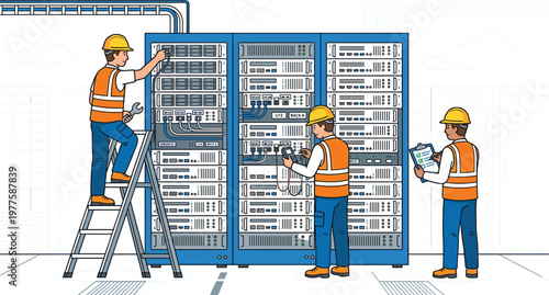 Technicians installing and maintaining server racks in data center network infrastructure modern flat vector illustration for IT operations
