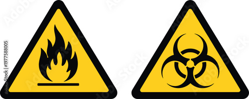 Flammable and Biohazard Warning Sign Set Yellow Triangle Safety Hazard Symbol Icons