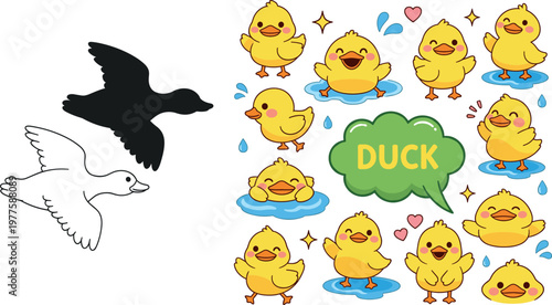 Cute duck cartoon vector set with yellow ducklings, funny baby bird characters, playful farm animal illustrations collection for kids design