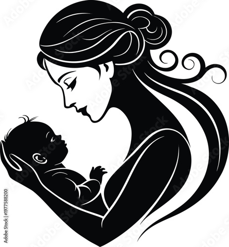 Black and white illustration of a mother holding her baby close