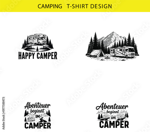 Happy camper and mountains with camper van and trees vector camping t-shirt van life adventure mountains recreation illustration silhouette wildlife vector camping t-shirt