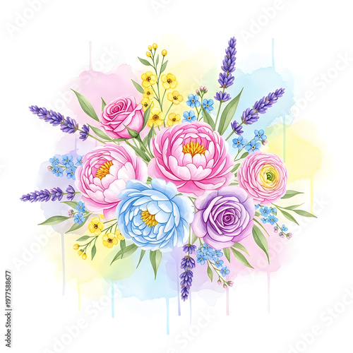 Beautiful watercolor floral bouquet with peonies roses and lavender