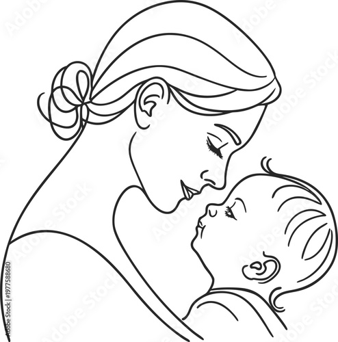 Tender moment of a mother kissing her sleeping baby on the cheek gently