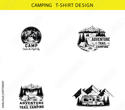 Camp mit bergen und wald and adventure trail camping vector camping t-shirt with van life adventure mountains illustration silhouette vacation exploration vector camping t-shirt