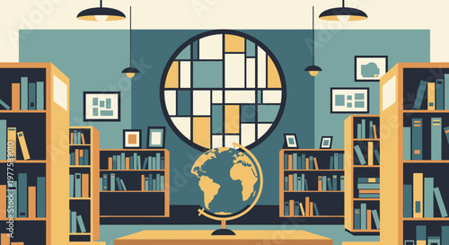 A warm, inviting graphic depicting bookshelves, suggesting knowledge, learning, and a sense of intellectual exploration, ideal for educational or lite