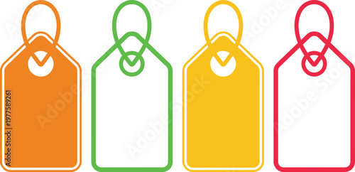 Four color-coded fabric tags with hanging loops for labeling or organization purposes