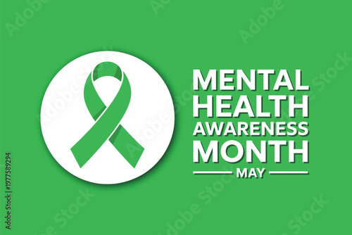 Mental Health Awareness Month Promotional Graphic with Green Ribbon Icon for Psychology Wellness and Psychiatry Support Campaigns in May
