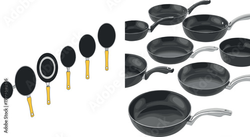 Frying pans collection with different sizes and perspectives realistic and flat vector illustration kitchen cookware set isolated background