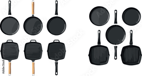 Frying pans and grill pans set with different styles top view flat vector illustration kitchen cookware collection isolated background