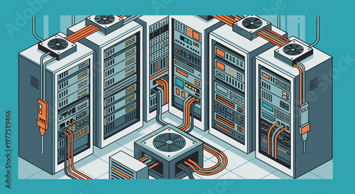 Modern graphic depicting server maintenance, conveying a sense of technical support and system upgrades. Perfect for tech blogs, marketing materials, 