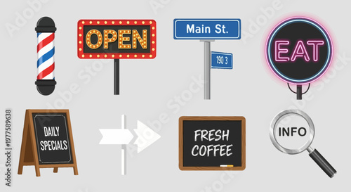 Colorful cafe signs chalkboard menus and neon signs.