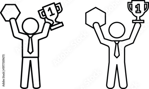 Two figures celebrating with trophies and hexagons in both hands