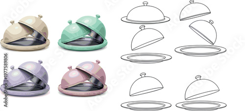 Food serving cloche set with tray and dome covers realistic and outline vector illustration restaurant catering equipment isolated
