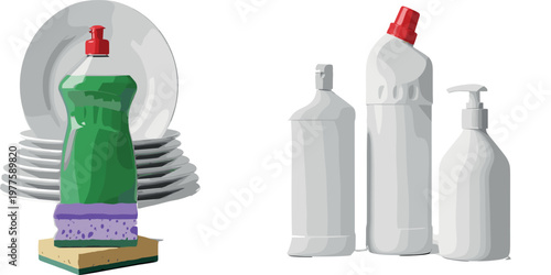 Dishwashing liquid and cleaning bottles set with sponge and plates realistic vector illustration household detergent hygiene isolated background