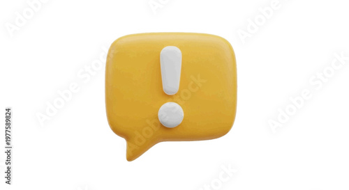 Vector illustration of 3d render of a yellow speech bubble icon with an exclamation mark on a transparent background