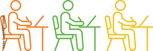 Three stylized figures working on laptops at separate tables in different colors