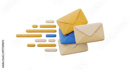 Vector illustration of 3d render of flying envelopes with motion lines on a transparent background