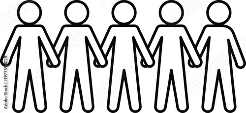 Five stick figure icons holding hands in a line formation