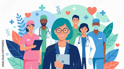 This image showcases a diverse group of healthcare professionals, including doctors and nurses, promoting teamwork and compassion in a vibrant, positive health environment.