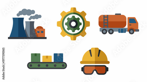 A digital representation showcasing an industrial theme, featuring factories, gears, transportation trucks, and construction elements tied to manufacturing processes.