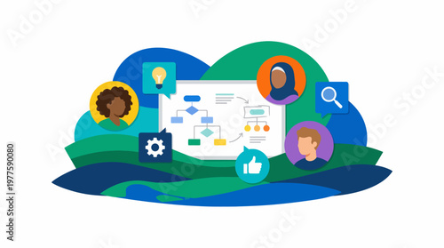 This image presents a creative environment where diverse individuals share ideas and insights, illustrating collaboration and innovation in a beautifully stylized natural landscape.
