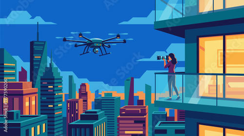 A stunning urban scene with a drone capturing a moment in a cityscape, highlighting modern technology, photography, and the vibrant life of city living at dusk.