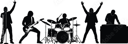 Rock band performing on stage with musicians and singer and DJ on transparent background.