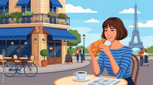 A charming illustration of a woman sitting at a cafe in front of the Eiffel Tower, savoring a croissant and coffee, capturing the essence of Parisian life and culinary delight.