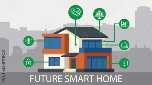 This illustration presents a modern smart home concept showcasing advanced technologies like AI, solar energy, and IoT for a connected living experience.