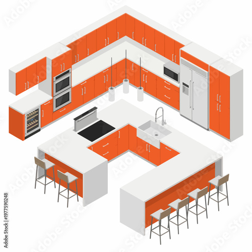 This modern kitchen design features a unique arrangement with bold orange cabinetry, sleek appliances, and a contemporary aesthetic ideal for modern living.