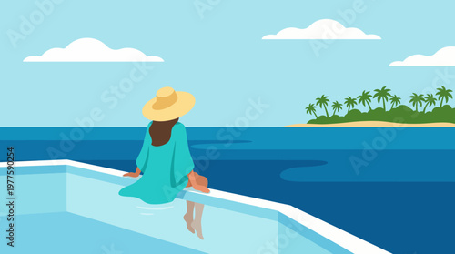 A serene illustration of a woman sitting by the pool, gazing at a tranquil sea view, embodying relaxation and a vacation vibe enriched by nature.