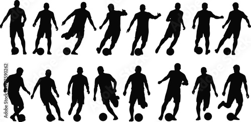 Soccer players dribbling and kicking ball in silhouette on transparent background.
