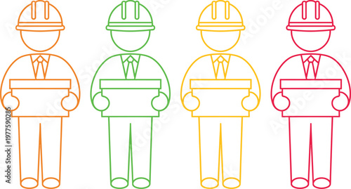 Four construction workers illustrated with different colored outlines